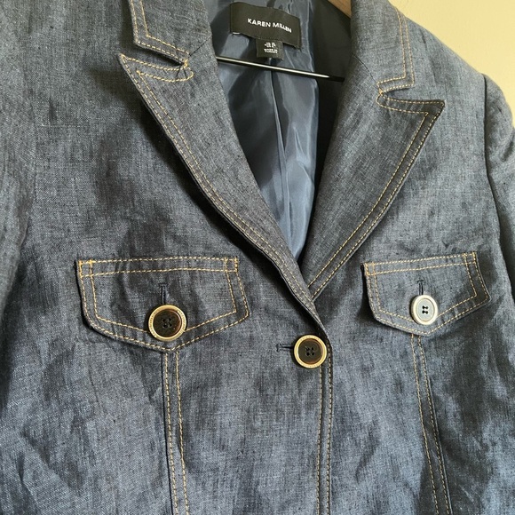 Karen Millen Premium Tailored Linen Cropped Pocket Detail Blazer Dark Wash 6 - Picture 3 of 7